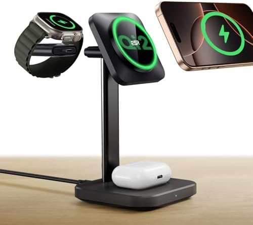 ESR Qi2 3-in-1 Wireless Charging Station – Fast 15 W Mag Safe Charger for i Phone 16/15/14/13, Certified Apple Watch & Air Pods Charger, Sleek White Design for Home or Office – Ultimate Multi-Device Charging Solution with Enhanced Compatibility and Speed
