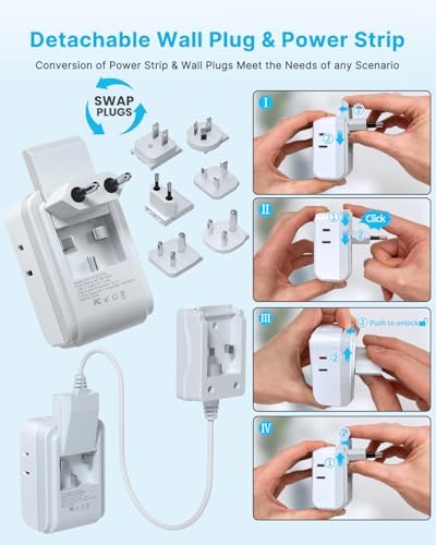 VINTAR All-in-One Global Travel Adapter: Ultimate Universal Power Converter with 4 AC Outlets & 3 High-Speed USB Ports (2 USB-C) – Enhanced Worldwide Compatibility for Europe, UK, Australia, Japan, and Africa – Must-Have Travel Accessory with Interchangeable Plug Attachments for Effortless Device Charging