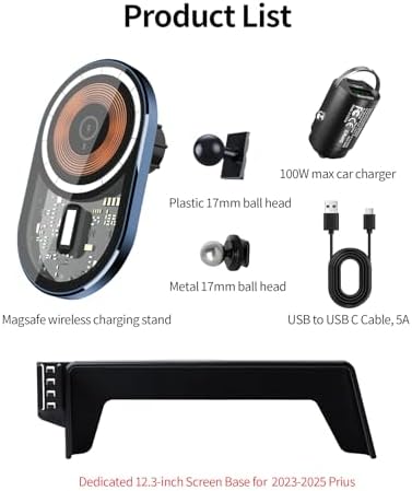 Wireless Charging car Phone Holder for Toyota Prius 2023-2025 Accessories 12.3 inch Screen Fixed Clip,360° Rotation car Phone Mount Compatible with MagSafe – Enhanced Compatibility and Speed