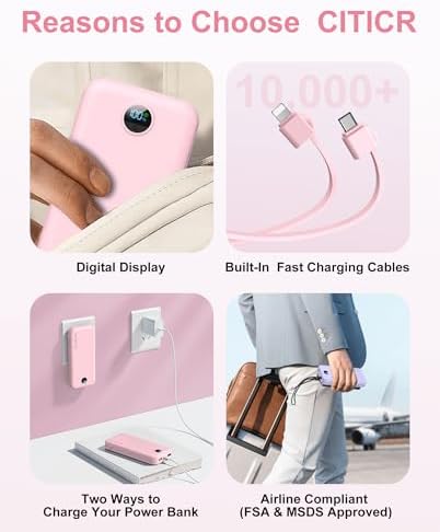 Ultra-Fast Portable Phone Charger with 12000 m Ah Capacity – All-in-One Power Bank with Integrated Cables, Wall Plug, and LED Display for i Phone, i Pad, Samsung – Essential Travel Companion for Uninterrupted Connectivity