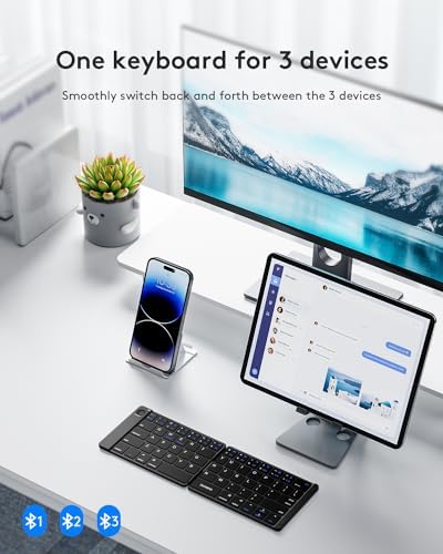 Samsers Portable Foldable Bluetooth Keyboard – Ultra Slim Wireless Keyboard with Stand for i OS, Android & Windows Devices – Rechargeable Multi-Device Travel Keyboard for Effortless Typing on the Go – Sleek Black Design