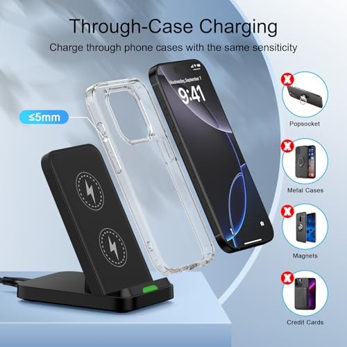 15 W Fast Wireless Charger Stand for Samsung Galaxy S25/S24/S23, i Phone 16/15, Google Pixel 9 Pro – Ultimate Desk Charging Station with Dual Viewing Angles, Quick Charge 3.0 Adapter, and Enhanced Safety Features for All Compatible Devices