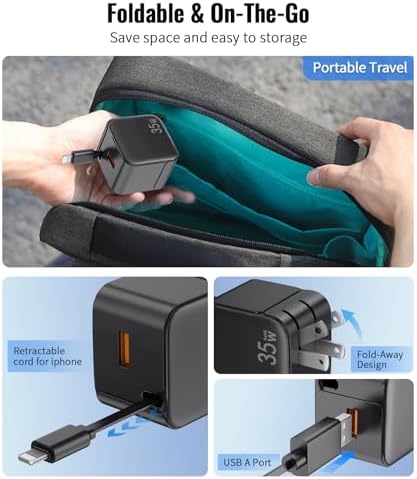 Rapid Charge 35 W Retractable Wall Charger with Built-In Cables – Cutting-Edge Gallium Nitride Technology for Swift Power Delivery to i Phone 14/13/12/11 Pro MAX/XR/XS/8/7 & i Pad – Compact & Travel-Friendly Design for Seamless Charging at Home, Office, or On-the-Go – Tangle-Free Convenience