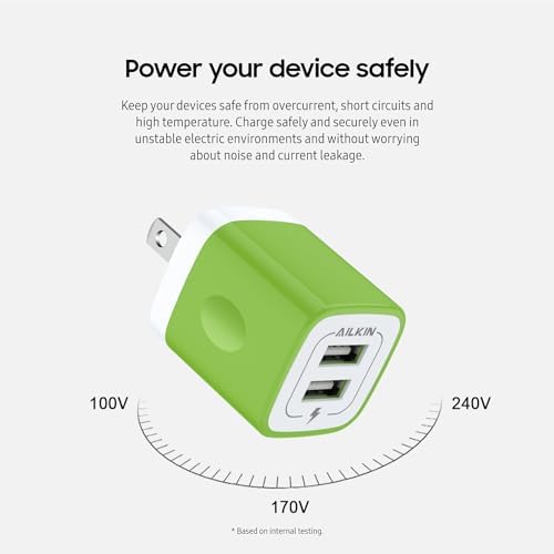AILKIN Dual Port USB Wall Charger 2-Pack – 2.1 A Fast Charging Adapter for i Phone 15/14/13/12/11 Pro, Samsung Galaxy S23/S22/S21 – Compact Power Block with Quick Charge Technology – Universal Compatibility & Safety Features for Home and Travel