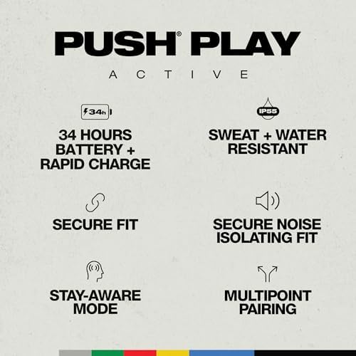 Skullcandy Push Play Active Wireless Earbuds – Premium Bluetooth Headphones with Advanced Noise Isolation, 34-Hour Battery Life, Ultra-Secure Over-Ear Fit, Sweat & Water Resistant, Integrated Microphone for Seamless i Phone & Android Use – Trendy Preppy Blue for Dynamic Lifestyles