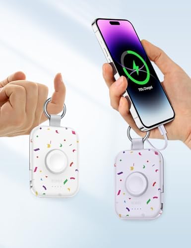 Compact RORRY 5000 m Ah Portable Charger Power Bank with Integrated Cables – Sleek Keychain Battery Pack for i Phone 16/15/14/13/12 and Apple Watch Ultra Series, Ultimate Travel Companion with Fast Charging and Modern Design