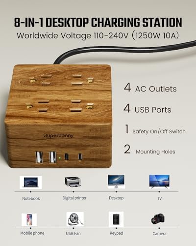 SUPERDANNY Portable USB Power Strip Surge Protector – Premium Desktop Extension Cord with 4 Spacious Outlets & 4 Advanced Smart USB Charging Ports for Home, Office, Hotel, Dorm, and RV Use – Elegant Faux Walnut Finish for Enhanced Aesthetics and Device Safety