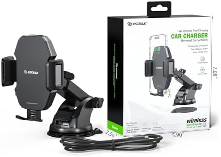 Car Phone Holder &15W Wireless Fast Charger, Auto-Clamp Qi Charging Mount, 360° Adjustable Phone Holder for iPhone/Android, Air Vent Mount with Overcharge Protection – by Esoulk – Enhanced Compatibility and Speed