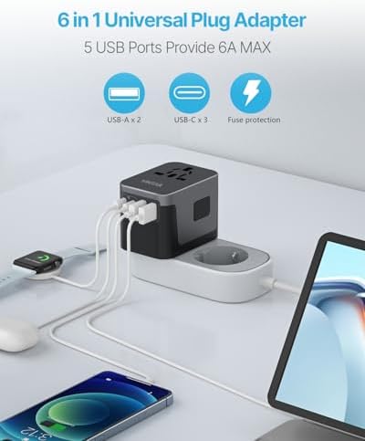 VINTAR Universal Travel Adapter: All-in-One Power Converter with 6 A Output, 3 USB-C and 2 USB Ports for Fast Global Charging Across Europe, UK, USA, and Australia – Essential Travel Accessory for Effortless Device Connectivity and Safety Features