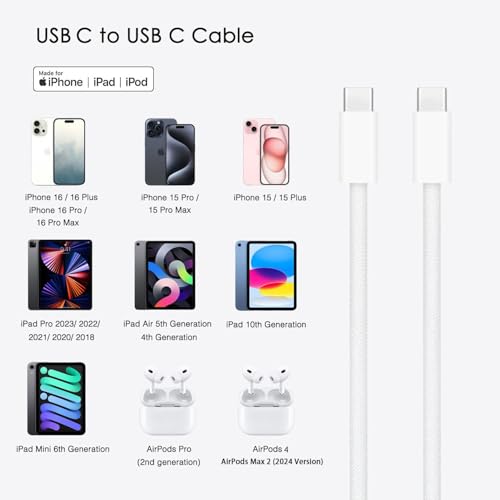 10 ft Premium Woven USB C Fast Charger for i Phone 15/16 & SE4 – 20 W Power Delivery Cable for Ultimate Convenience and Durability – Tangle-Free Braided Design for Effortless Charging Anywhere and Enhanced Device Compatibility
