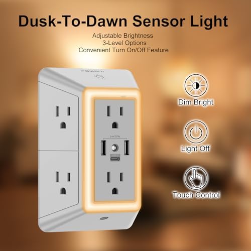 POWRUI 6-Outlet Surge Protector with 3 USB Ports (1 USB-C) and Integrated Night Light – Space-Efficient Power Strip for Home & Office – ETL Listed for Ultimate Safety and Fast Charging – Versatile 3-Sided Design with Adapter Spaced Outlets for Large Plugs – Streamline Your Charging Needs with Enhanced Compatibility and Reliability