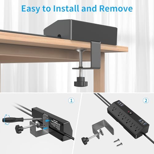Maximize Your Workspace Efficiency with the JXGUCAT 40 W Fast Charging Desk Clamp Power Strip – 6 AC Outlets & 2 USB-C Ports, 10 ft Cord, Ideal for Home Office Surge Protection, Fits 1.8″ Tabletop Edges, Removable Mount for Effortless Setup