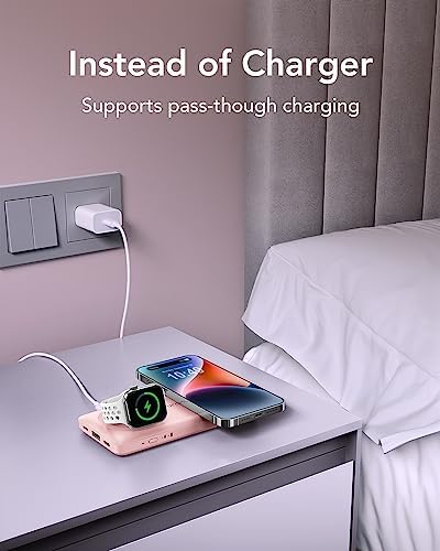 VRURC 10000 m Ah Magnetic Portable Charger – 3-in-1 Fast Wireless Charger for i Phone 14/13/12 Series, Apple Watch & Air Pods – 22.5 W Quick Charge Power Bank in Stylish Pink – Ultimate On-the-Go Charging Solution with Enhanced Compatibility