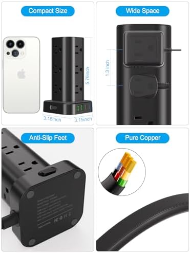 Ultimate Power Strip Tower with 15 W Wireless Charger and 10 FT Extension Cord – 12 AC Outlets & 4 USB Ports (2 USB-C) – Space-Saving Surge Protector for Home, Office, and Dorm Use – Advanced Compatibility for All Devices
