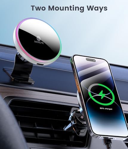 MOKPR 15 W Mag Safe Car Charger & Magnetic Phone Holder – Effortless Fast Wireless Charging with Dynamic LED RGB Lighting for i Phone 15/14/13/12 Series – Stylish Dash & Air Vent Mount for Enhanced Driving Experience and Convenient Accessibility