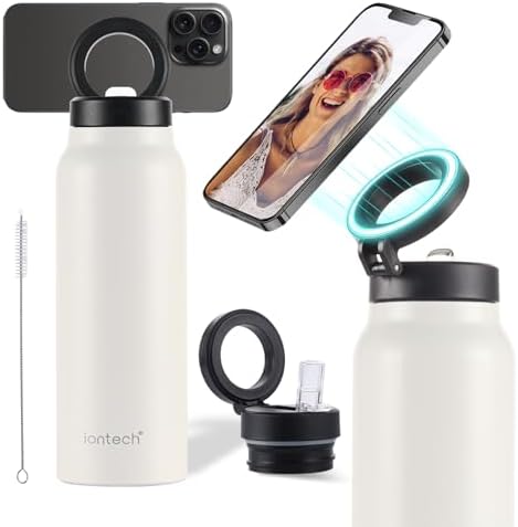 Maximize Your Hydration with the iontech 32 oz Insulated Water Bottle Featuring Mag Safe Compatibility – Innovative Stainless Steel Flask with Magnetic Phone Tripod Mount for Effortless Access During Gym, Sports, Travel, and Daily Commutes – Keeps Beverages Hot for 12 Hours and Cold for 24 Hours in Striking Blue – Ultimate Convenience for Active Lifestyles