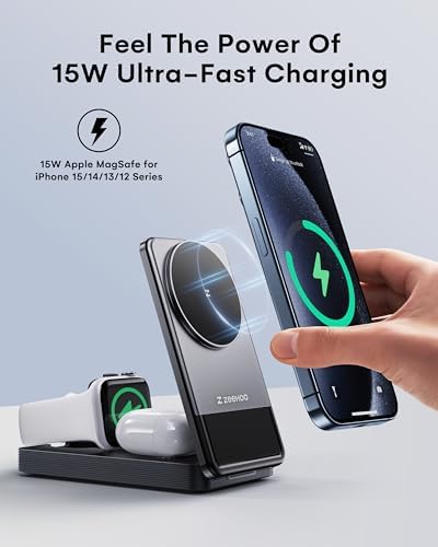 ZEEHOO 3-in-1 Portable Fast Wireless Charging Station – Foldable Mag Safe-Compatible Charger for i Phone 16/15/14/13/12, Air Pods & Apple Watch – Ultimate Convenience for Efficient Power Management and Travel Ready Design