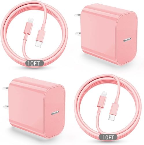 Ultra-Fast 20 W i Phone Charger with 10 ft USB C to Lightning Cable – Stylish Pink Fast Charging Block for i Phone 14 Pro Max, 13, 12, 11, XS, SE, i Pads & Air Pods – Unmatched Compatibility & Durability for On-the-Go Power