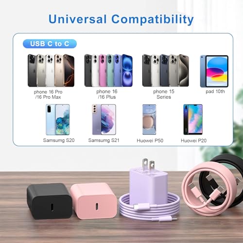 Ultimate 10 Ft USB C Fast Charging Cable Trio for i Phone 16 & 15 Series – 60 W Power Delivery, Sleek Purple, Pink & Black, Enhanced Compatibility for i Pad Pro, Mac Book Air & Samsung Devices – Unmatched Speed & Durability for On-the-Go Charging