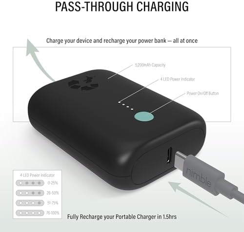 Champ Lite Ultra-Compact 5200 m Ah Fast Charge Power Bank – 15 W Dual USB-C & A Ports, Essential Travel Battery Pack for i Phone, Galaxy, Pixel, Mac Book, i Pad, Kindle, Air Pods & More – Lightweight Portable Charger with Charging Cable for On-the-Go Energy Solutions