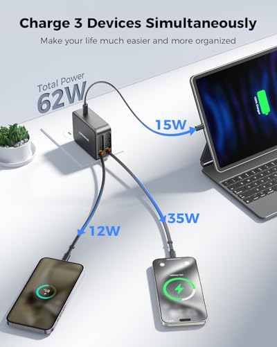 Revolutionary 62 W Retractable Wall Charger with Dual Cables – All-in-One 3-Port USB Power Hub for i Phone 16/15/14/13/12/11, Samsung, LG, Tablets – Ultimate Travel Companion with Fast Charging Innovation and Compact Design