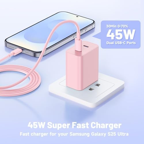 Dual-Port 45 W USB-C Wall Charger for Samsung Galaxy S25/S24 Ultra – Super Fast Charging with 2-Pack 6.6 ft Cables, PD 3.0 & PPS Technology for Enhanced Compatibility and Performance – Ideal for Mobile Professionals and Families