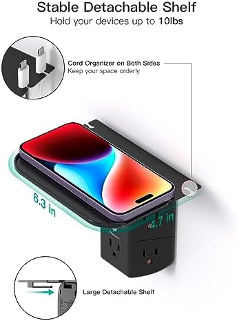 Revolutionary Wall Outlet Extender with Integrated Shelf & Adjustable Night Light – 5 USB Ports Including Rapid USB-C Charging, Surge Protection, and Compact Design for Enhanced Organization and Efficiency