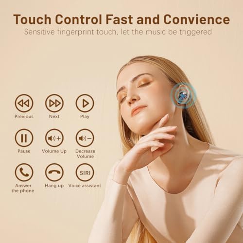 Unleash Your Music with 50-Hour Playtime Wireless Bluetooth Earbuds – IPX7 Waterproof & Noise-Cancelling Technology for Active Lifestyles | Ergonomic Chic Beige Design with Integrated Microphone & LED Battery Gauge for Effortless Connectivity and Ultimate Comfort