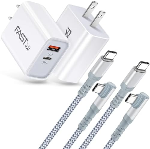 Rapid Charge 20 W Dual Port Wall Adapter & 10 FT Right-Angle USB C Cable Set – Perfect for i Phone 15/16, Samsung Galaxy S22/S21/S20, and Google Pixel – Ultimate Charging Efficiency and Versatility for Home, Office, and Travel