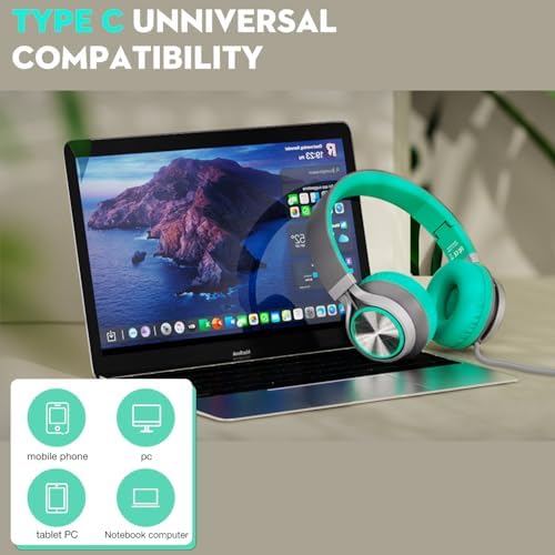 Ultimate USB C Over-Ear Headphones with Enhanced Noise Isolation and Built-In Microphone – Superior Stereo Audio for i Phone 15/16 Pro, Laptops, and Tablets – Perfect Travel Buddy in Striking Blue/Black Finish