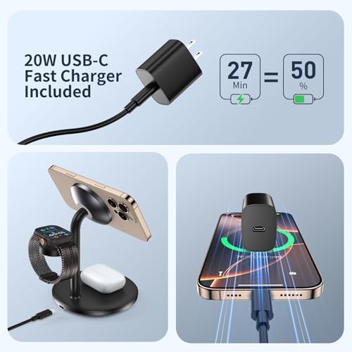 Revolutionary 3-in-1 Aluminum Wireless Charging Station for Apple Devices – Fast 15 W Mag Safe Charger for i Phone 16/15/14/13/12, Dedicated Charging Dock for Apple Watch & Air Pods with 20 W Adapter – Streamlined Design for Effortless Organization and Enhanced Device Longevity
