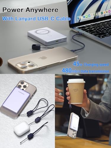 Magnetic Power Bank for i Phone 12/13/14/15/16 – 10,000 m Ah Ultra-Slim Wireless Charger with 15 W Fast Charging, Dual Device Support, and 20 W PD Wired Compatibility – Snap-On Design for Secure Charging with Enhanced Safety Features and Included Lanyard Data Cable for Effortless Power Management on the Go