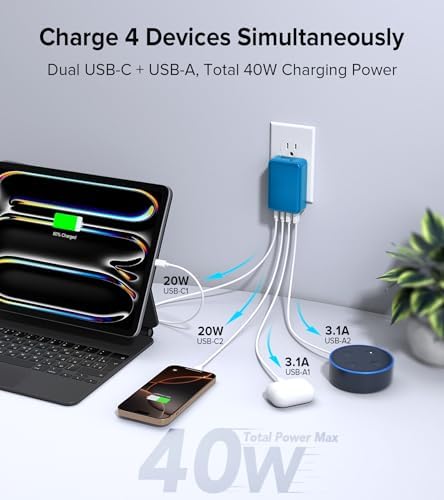 Elevate Your Charging Game with the 2 Pack Flat USB C Charger Block – 40 W Fast Charge Hub for i Phone 12-16, i Pad & Samsung Devices, Featuring 4 Ports for Simultaneous Power Delivery & Quick Charge, Sleek Light Blue Travel-Friendly Design Ideal for Home & On-the-Go Use