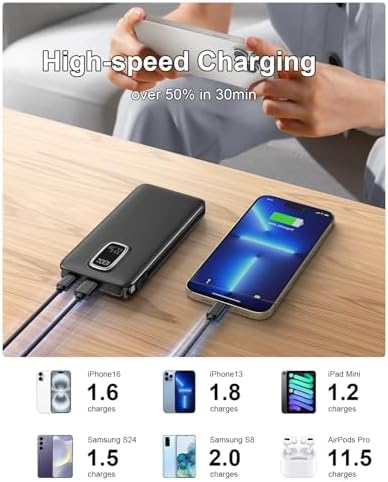 Ultimate 10000 m Ah Portable Power Bank with Built-In USB-C, USB-A & i OS Cables – 22.5 W Fast Charging Power Bank for i Phone 16/15/14/13, Samsung S24/S23/S22/S21, i Pad & More – Lightweight, Airline-Approved Charger for On-the-Go Convenience and Enhanced Device Compatibility