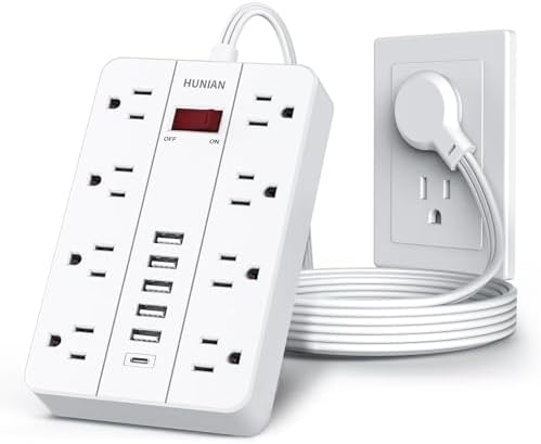 HUNIAN 5 Ft Flat Plug Power Strip with 8 Outlets and 6 USB Ports, Including USB-C Charger – Ultimate Surge Protector for Efficient Home and Office Charging Solutions, Compact Design for Desk and Travel Use, Black
