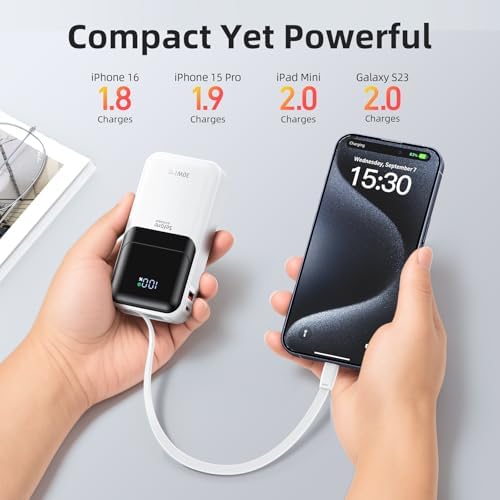 Ultimate 30 W Fast Charging Mini Power Bank for i Phone and Samsung – 10,000 m Ah Portable Charger with Built-In USB-C & Lightning Cables, LED Battery Indicator – Perfect Travel Companion for On-the-Go Charging