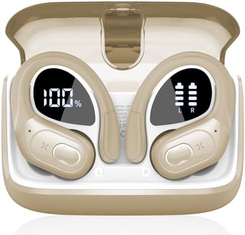 Revolutionary Bluetooth 5.4 Sport Earbuds – 75-Hour Playtime with Immersive Deep Bass & IPX7 Waterproof Rating for All-Weather Adventures – Ergonomic Secure Earhook Design for Active Users – Advanced ENC Noise-Canceling Microphone for Superior Call Clarity – Trendsetting Khaki Finish for Style Enthusiasts