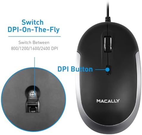 Sleek Silent Wired Computer Mouse for Mac & PC – Macally Ergonomic USB Optical Mouse with Adjustable DPI for Ultimate Precision – Compact, Lightweight Design Ideal for Office & Travel – Noise-Free Clicks for Distraction-Free Work Sessions