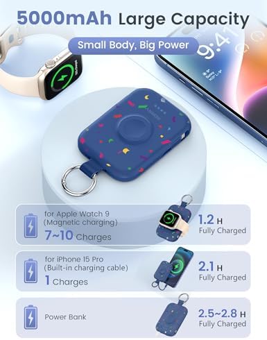 Compact RORRY 5000 m Ah Portable Charger Power Bank with Integrated Cables – Sleek Keychain Battery Pack for i Phone 16/15/14/13/12 and Apple Watch Ultra Series, Ultimate Travel Companion with Fast Charging and Modern Design