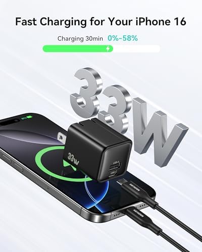 33 W USB C Wall Charger Block, Ga N PD3.0 Dual-Port Power Adapter for Fast Type C Charging – Compact & Foldable Plug for i Phone 16/15/14/13/12, Samsung Galaxy, i Pad, Air Pods – Enhanced Efficiency & Compatibility in Grey