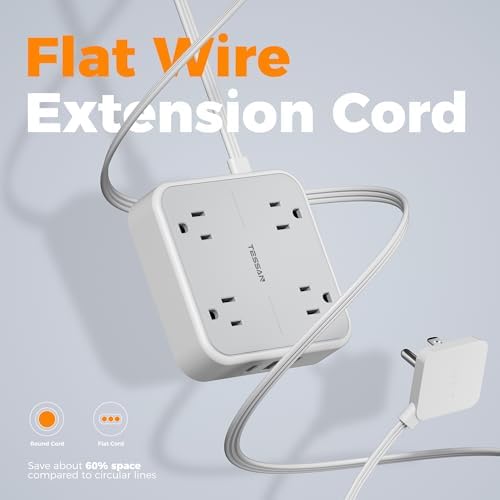 TESSAN 5 FT Flat Extension Cord Surge Protector – 4 Outlet Power Strip with 3 USB C Ports (1 USB C) for Fast Charging, 900 Joules Electronics Protection, Space-Saving Design for Home, Office, and Dorm Use, Enhanced Compatibility and Efficiency