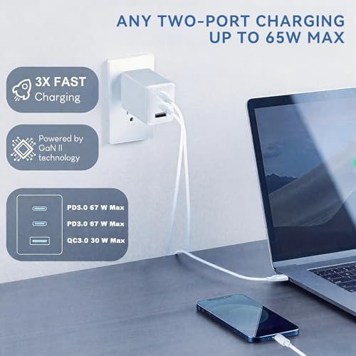 67 W Ga N USB-C Charger Block – Compact Fast Wall Charger with Foldable Prongs & USB-C Cable for Mac Book Pro/Air, i Pad Pro, i Phone 15/14, Galaxy S24/S23, Pixel, Note20 – Ultimate Multi-Device Charging Solution for On-the-Go Power