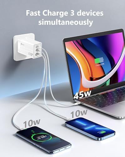 Power Up Efficiently: 65 W Ga N USB-C Charger with 3-Port Fast Charging Block for Mac Book, i Phone, i Pad & Samsung Devices – Universal Adapter with Type C Cable for Rapid Device Compatibility and Energy Efficiency