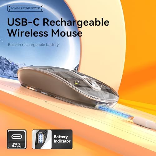 Experience Unmatched Versatility with the Uiosmuph Tri-Mode Bluetooth Mouse – Wireless, USB-C Rechargeable, and Quiet Click Design for Seamless Multi-Device Connectivity – Stylish Transparent Cover and Battery Level Indicator – Perfect for Laptops, Macs, and i Pads – Sleek Yellow Finish for Enhanced Productivity
