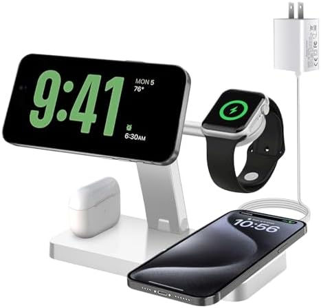 PDKUAI 4-in-1 Magnetic Charging Station – Fast Wireless Charger Stand for i Phone 16/15/14/13/12 Pro/Max/Mini/Plus, Apple Watch 10/9/8/7/6/SE/5/Ultra & Air Pods Pro/4/3 – Enhanced Compatibility with Dedicated Adapter – Sleek White Design for Home & Office