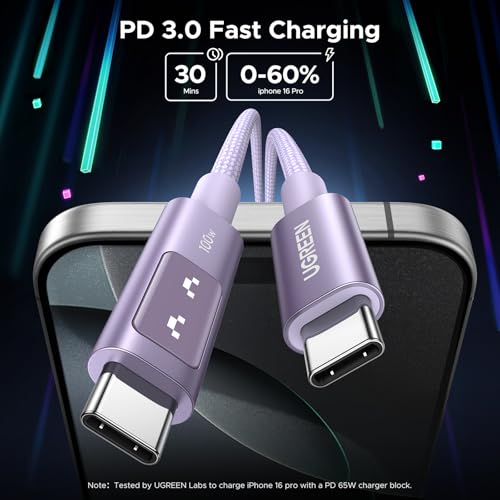UGREEN Uno USB C to USB C Cable – 100 W Fast Charging with LED Display, 3.3 FT Length, Ideal for i Phone 16, Mac Book Pro, i Pad Pro, Galaxy S24 Ultra – High-Speed Data Transfer, Durable Design for Ultimate Convenience and Performance