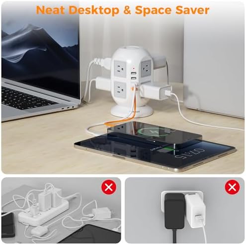 TESSAN Tower Surge Protector Power Strip – 10 ft Flat Extension Cord with 8 AC Outlets & 4 USB Ports (1 USB-C) – Compact Charging Station with Advanced Surge Protection for Home Office & Dorm Use – Optimal Device Safety & Versatile Compatibility