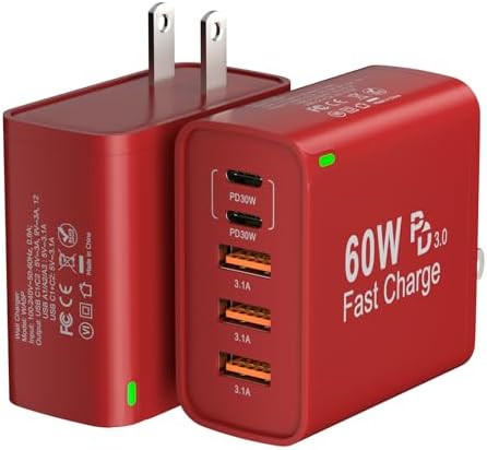 Efficient 60 W Dual-Pack USB-C Fast Charger – 5-Port Power Adapter with 2 USB-C and 3 USB-A Outputs – Optimized for i Phone 16/15/14/13 Pro Max, Galaxy S25/S24 Ultra, i Pad – Advanced PPS/PD 3.0 Technology – Compact Multi-Device Charging Hub for Home and Travel – The Ultimate Solution for Rapid and Reliable Charging of All Your Gadgets