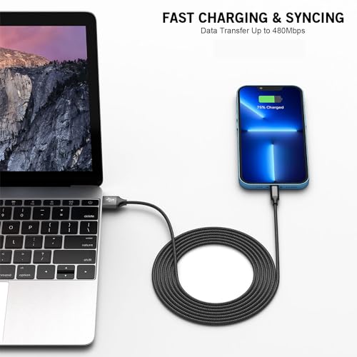 Dual-Port i Phone Fast Charger with 6.6 FT Nylon Braided Lightning Cable – Efficient Dual Device Charging Adapter for i Phone 14, 13, 12 Pro Max, 11, SE & i Pad – MFi Certified Power Solution for Rapid Charging and Enhanced Durability