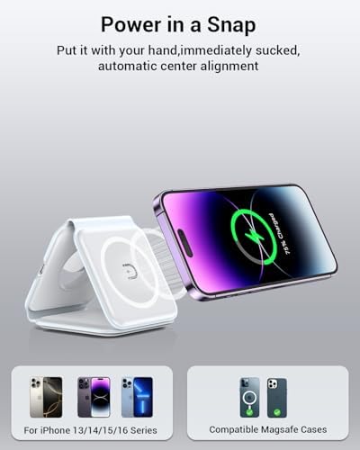Ultimate 3-in-1 Magnetic Wireless Charging Station – Fast and Portable Mag-Safe Charger for i Phone 16/15/14/13/12 Series, Apple Watch & Air Pods with Adapter Included – Compact Design for Effortless Travel and Enhanced Device Compatibility